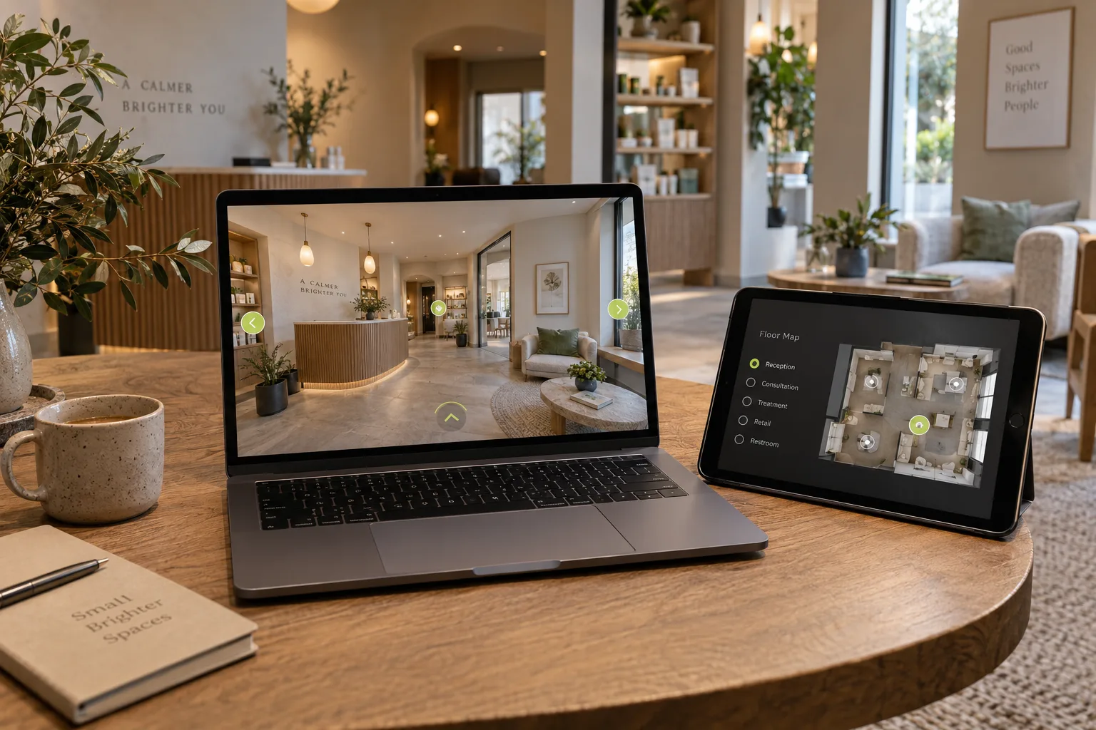 Mockup spaceru 360 stopni z panoramą wnętrza i mapą punktów na laptopie i tablecie.