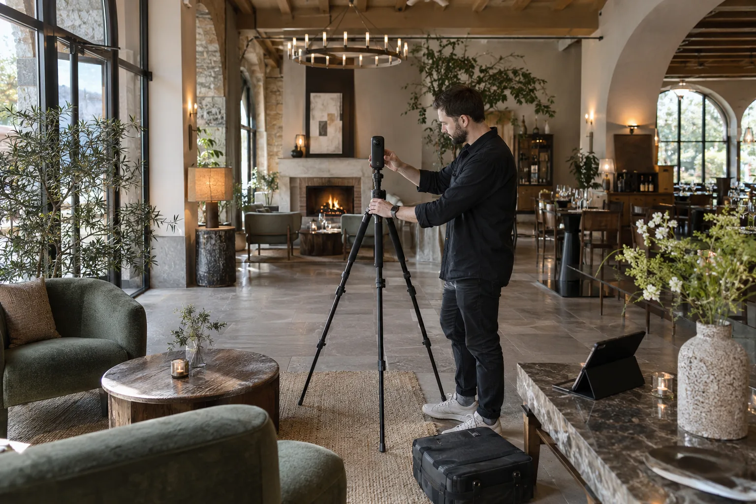 Fotograf wykonujący panoramę 360 stopni we wnętrzu hotelu.