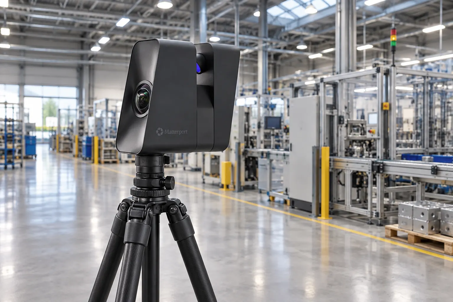 Kamera Matterport Pro3 na profesjonalnym statywie w hali produkcyjnej.