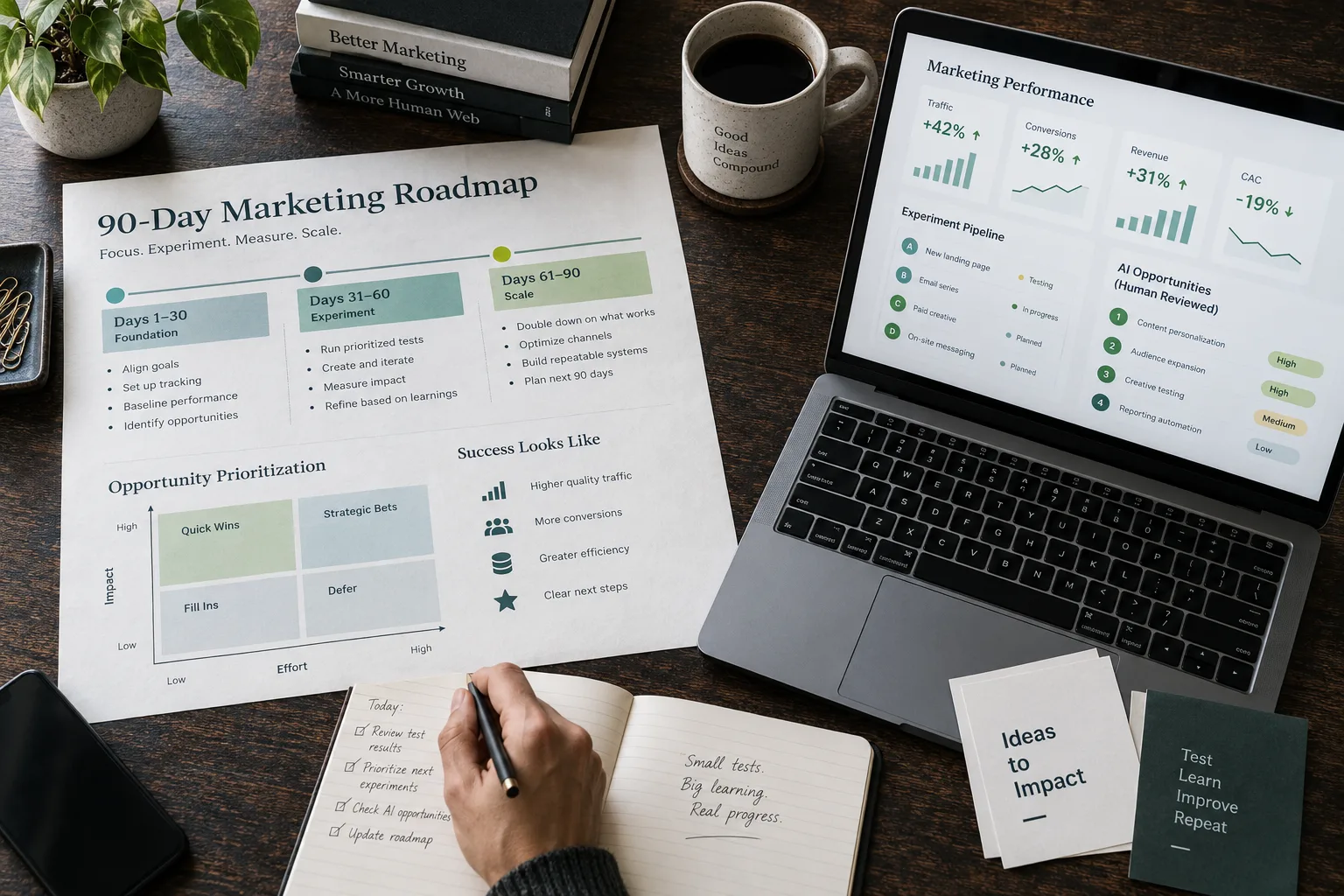 Plan marketingowy na 90 dni obok dashboardu wyników i listy zastosowań AI.