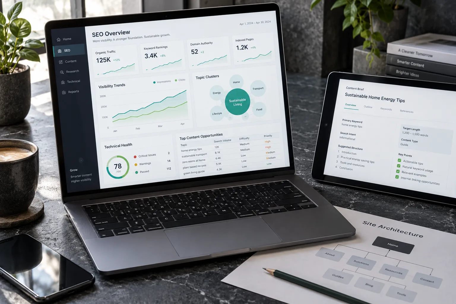 Mockup dashboardu SEO z widocznością, tematami treści i kondycją techniczną serwisu.