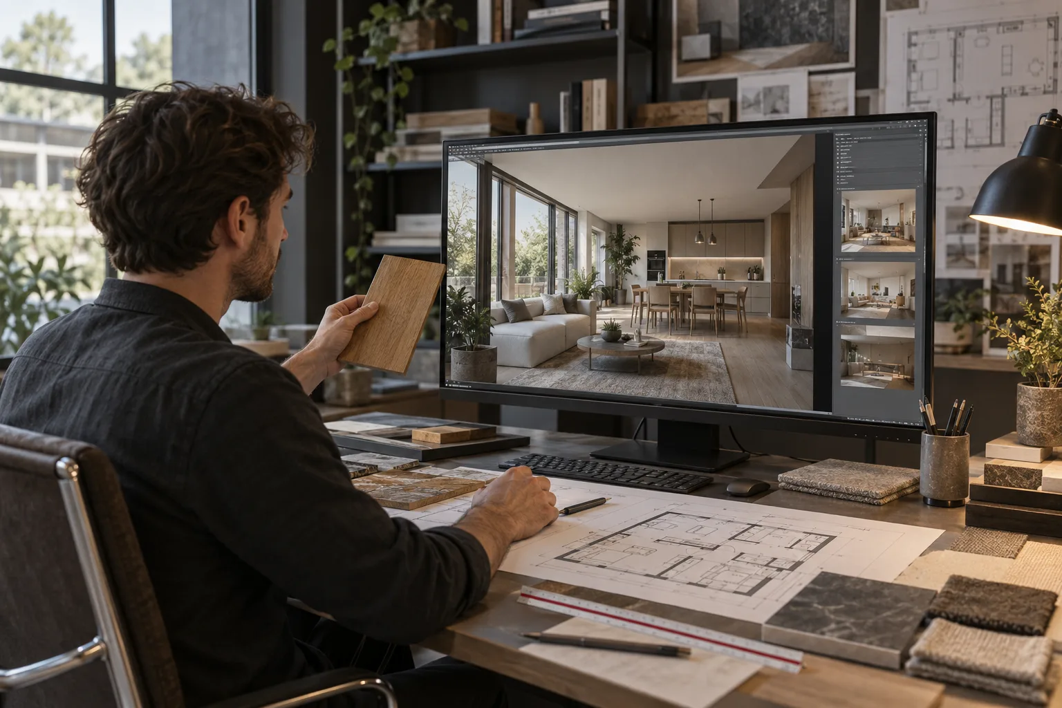 Architekt porównujący wizualizację wnętrza z rzutem i próbkami materiałów.